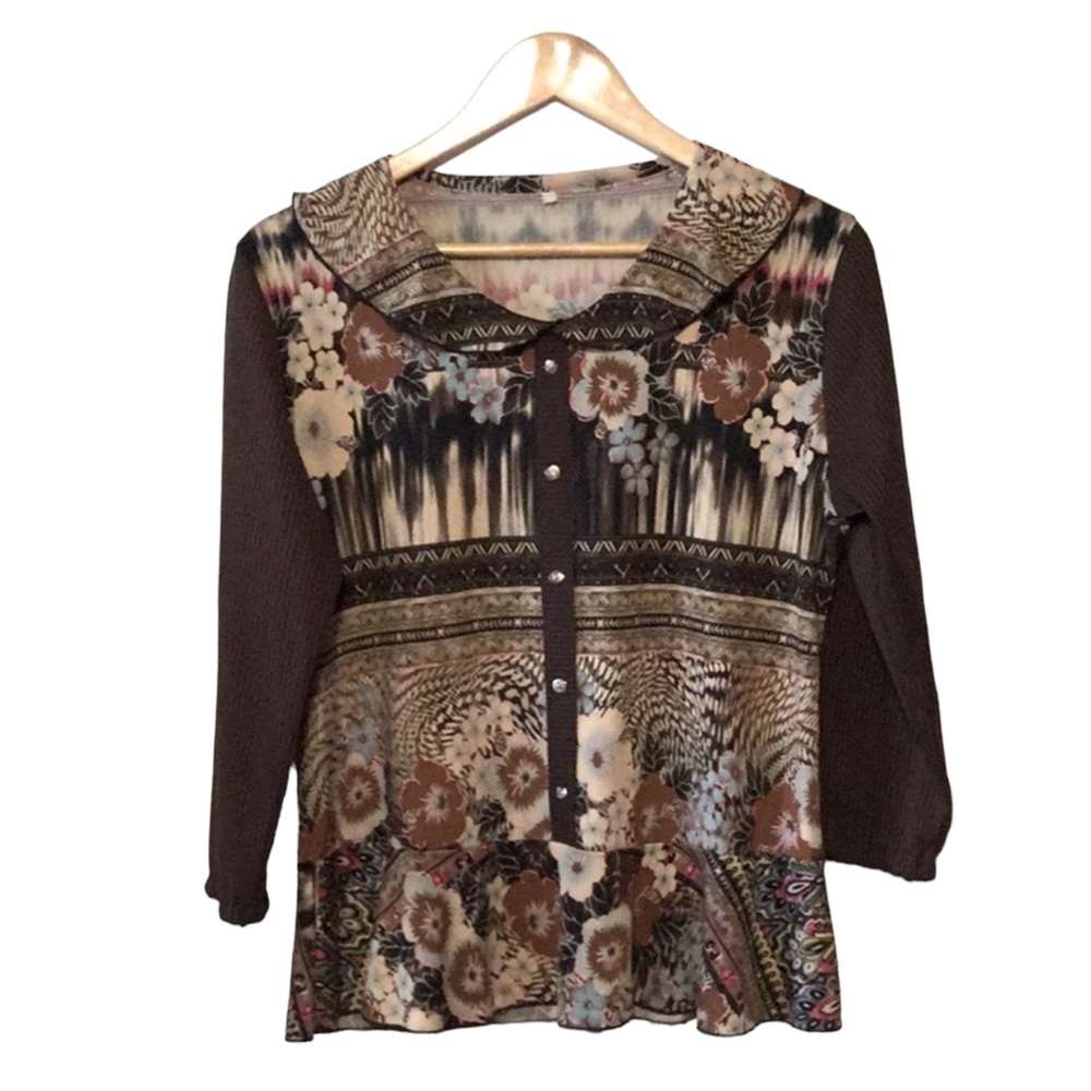 VINTAGE sz Large Top Floral Mixed Patterns Peter Pan Collar Faux Buttons Brown